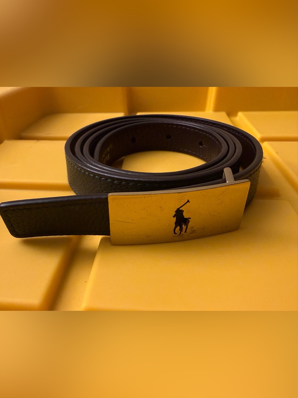 Polo by Ralph Lauren Green & dark brow Leather Belt with Gold Plaque Buckle